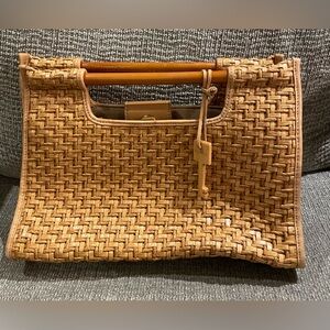 Fossil Basketweave Wood Handle Clutch Vintage Bag
